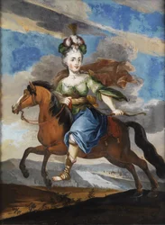 Höfische Dame als Diana zu Pferd.